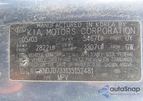 2003 Kia Sorento Ex/Lx из США, поврежденный, VIN KNDJD733135152481